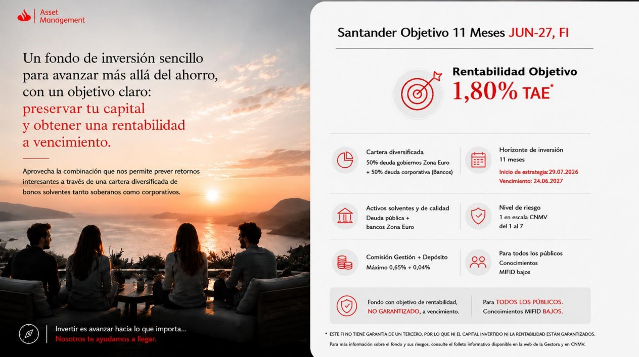 Banner informativo de Santander Asset Management para Santander Objetivo 11 Meses JUN-27, FI, que presenta una rentabilidad objetivo del 1,80% TAE no garantizada, horizonte de inversi&oacute;n de 11 meses, cartera diversificada en deuda p&uacute;blica y corporativa de la zona euro, nivel de riesgo 1 sobre 7 y una escena de personas observando un atardecer junto al mar.