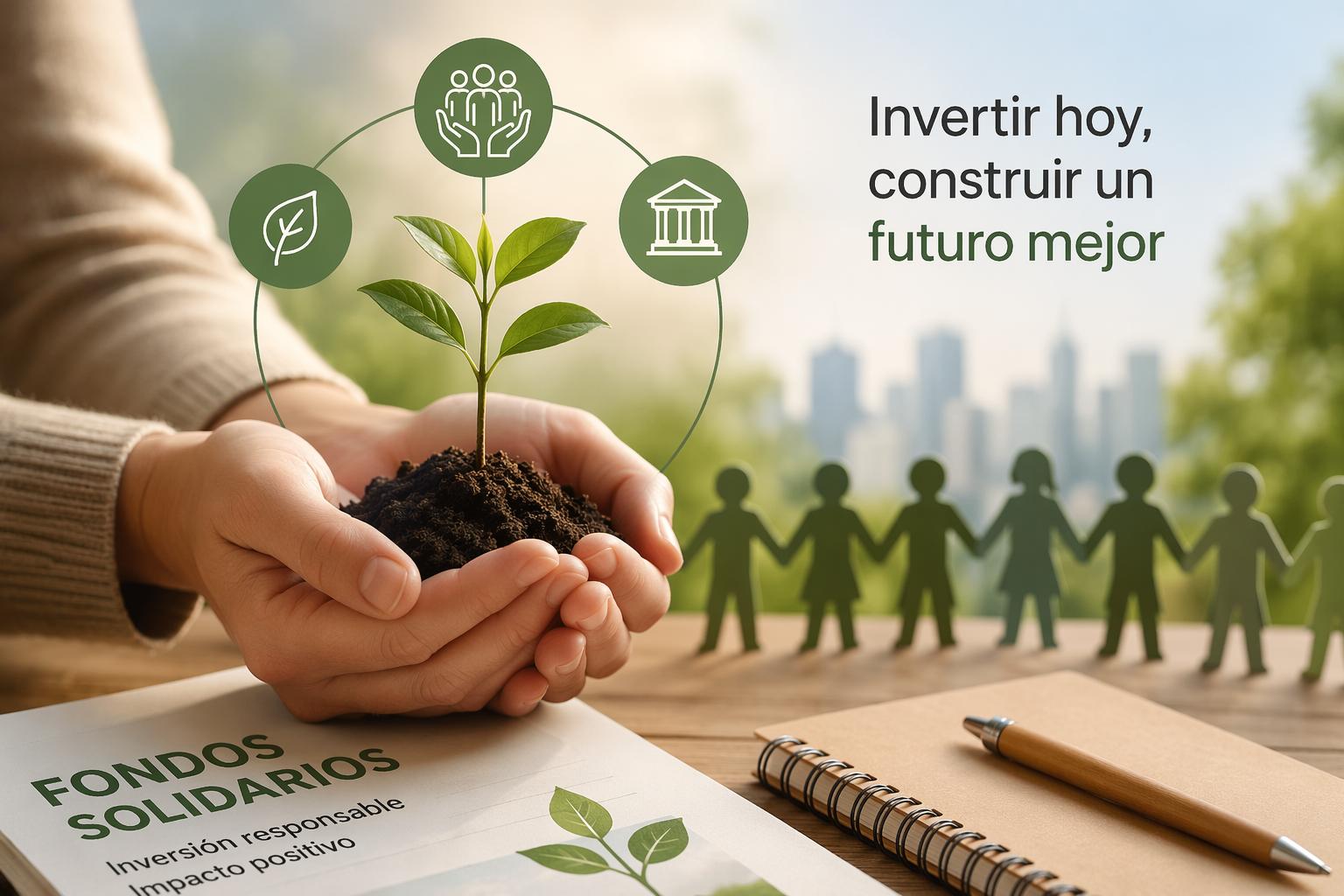 Primer plano de unas manos sujetando una planta que crece en tierra. Alrededor aparecen iconos de una hoja, un grupo de personas y un edificio, simbolizando sostenibilidad, impacto social y finanzas. En el fondo se ve una ciudad difuminada y figuras enlazadas, junto al texto &ldquo;Invertir hoy, construir un futuro mejor&rdquo;.
