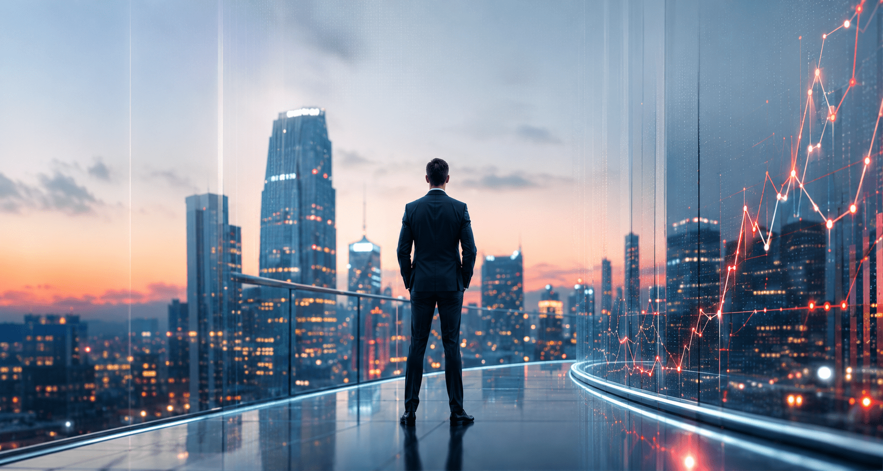 Imagen corporativa de un profesional de espaldas observando una ciudad al atardecer desde una terraza acristalada, con l&iacute;neas de evoluci&oacute;n financiera en tonos rojos reflejadas sobre el cristal. La escena transmite visi&oacute;n de futuro, gesti&oacute;n patrimonial y planificaci&oacute;n a largo plazo