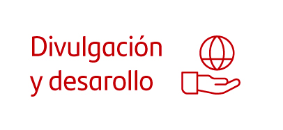 Texto de "Divulgación y desarrollo" junto a icono de mano sujetando el mundo