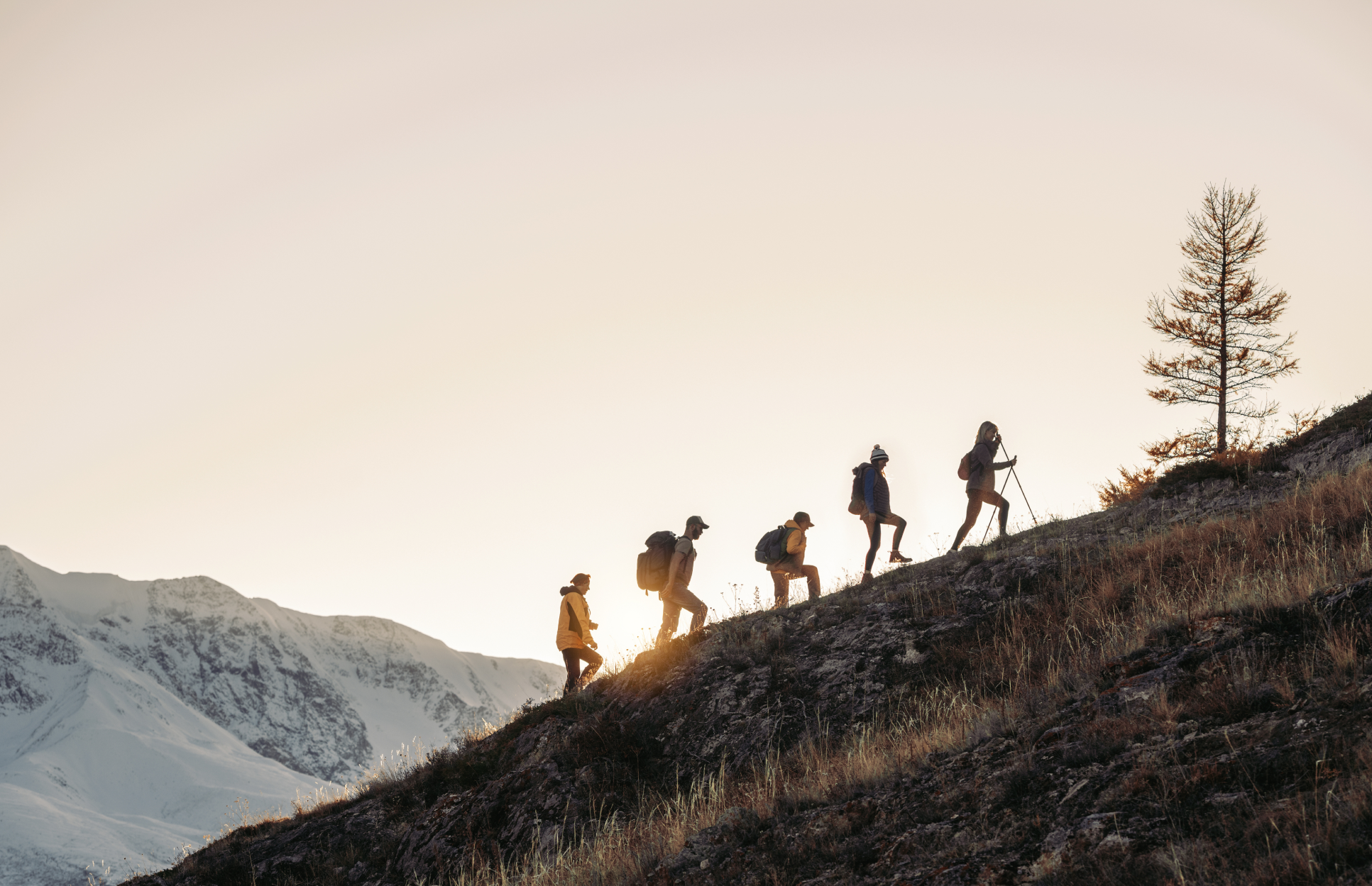 Un grupo de 5 personas haciendo montañismo con el sol y una montaña nevada de fondo.